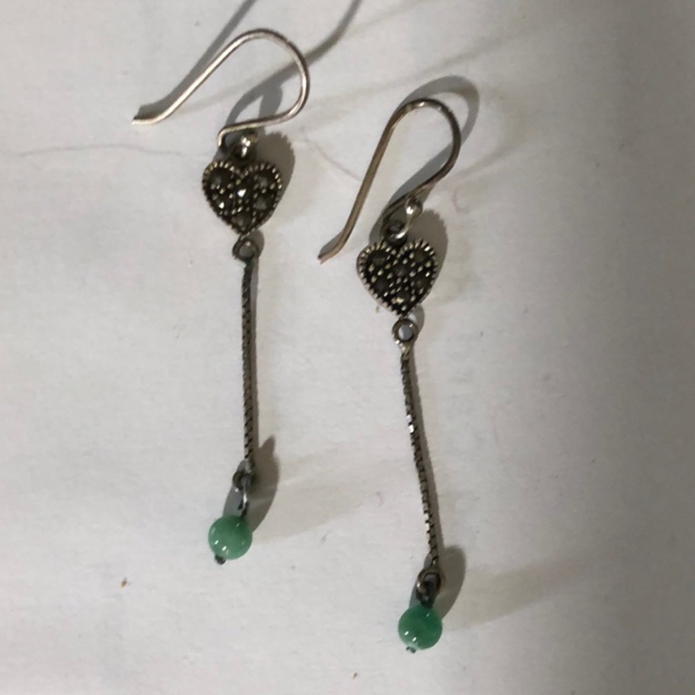Elegant Silver Heart Earrings with Green Accents